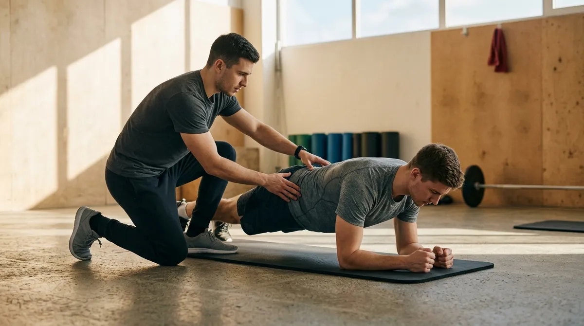 Éducateur sportif corrigeant la posture d’un pratiquant en salle